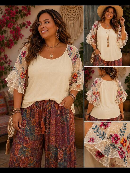 Umgee Tops - Umgee Boho Cream Blouse with Colorful Embroidered Sheer Sleeves SZ 1X